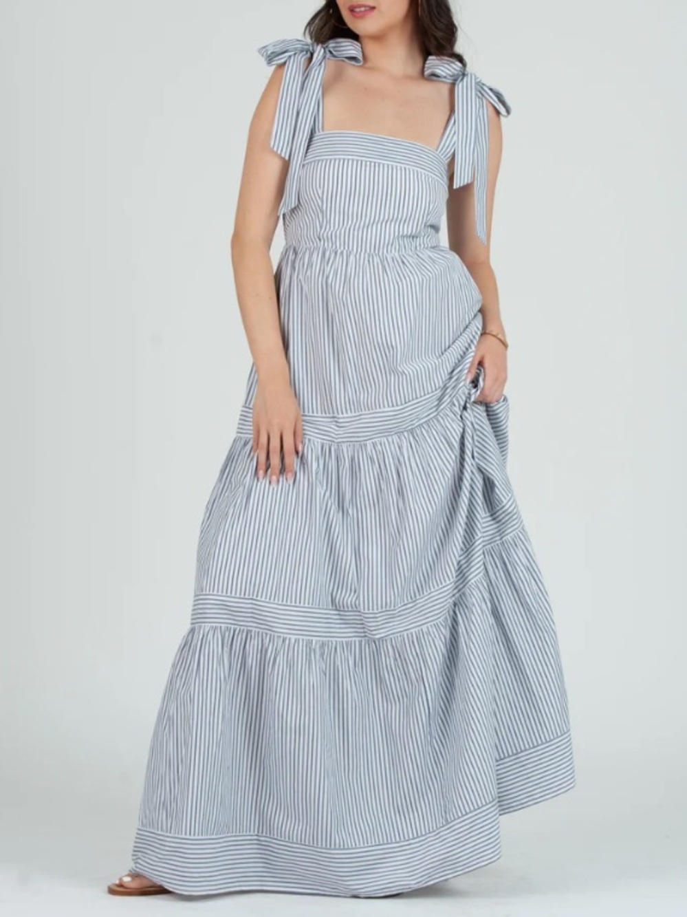 Lucca White Tan Striped Tiered Sleeveless Maxi Dress Cottagecore Vacation M - Picture 6 of 12